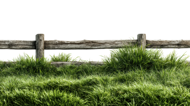 Wooden fence with lush green grass in the foreground, isolated on a white background.