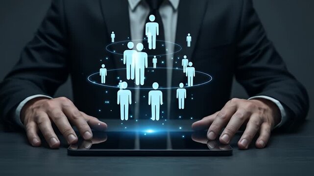 Businessman Managing Global Team with Digital Interface