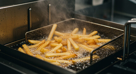 Close up of french fries being deep fried in a metal basket with steam rising in a restaurant kitchen