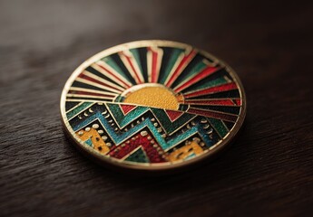 Obraz premium Close-up of a circular, decorative metal disc. Multicolored design features a stylized sun rising over stylized mountains