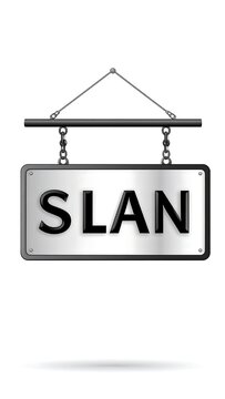 Hanging sign with the word "SLAN" in bold, metallic font