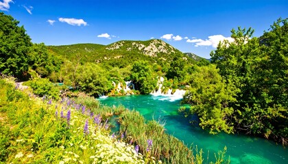Scenic Cascade with emerald waters under a bright blue Sky in Krka National Park