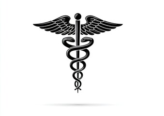 Solid black medical symbol,  wings & intertwined serpents