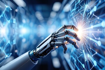 Robotic hand interacting with glowing digital network, symbolizing innovation