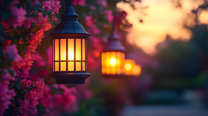 Row of glowing solar powered garden lights illuminates path surrounded by vibrant pink flowers at sunset, creating warm and inviting atmosphere