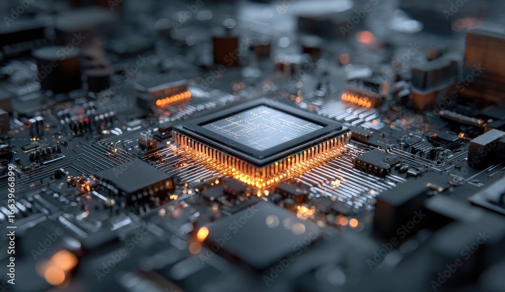 Poster close-up of a central processing unit (cpu) on a circuit board. intricate network of electronic comp