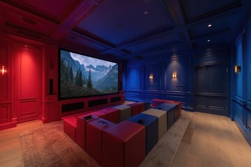 Fototapeta premium Luxurious home theater with red and blue accents.