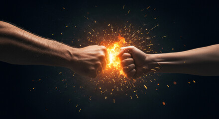 Two fists colliding with fiery explosion effect on dark background in a dramatic confrontation scene