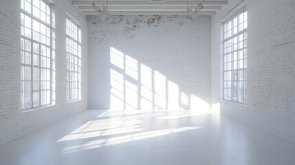 Bright, minimalist white photo studio with large windows and curved wall creates airy atmosphere. Sunlight streams through, casting shadows on white brick walls and floor
