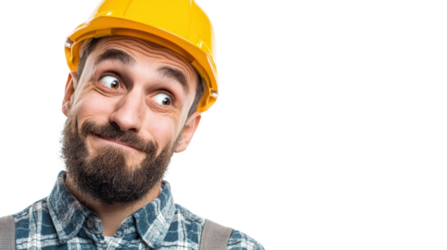 Worker in yellow hard hat displaying a thoughtful expression on a white isolated background.