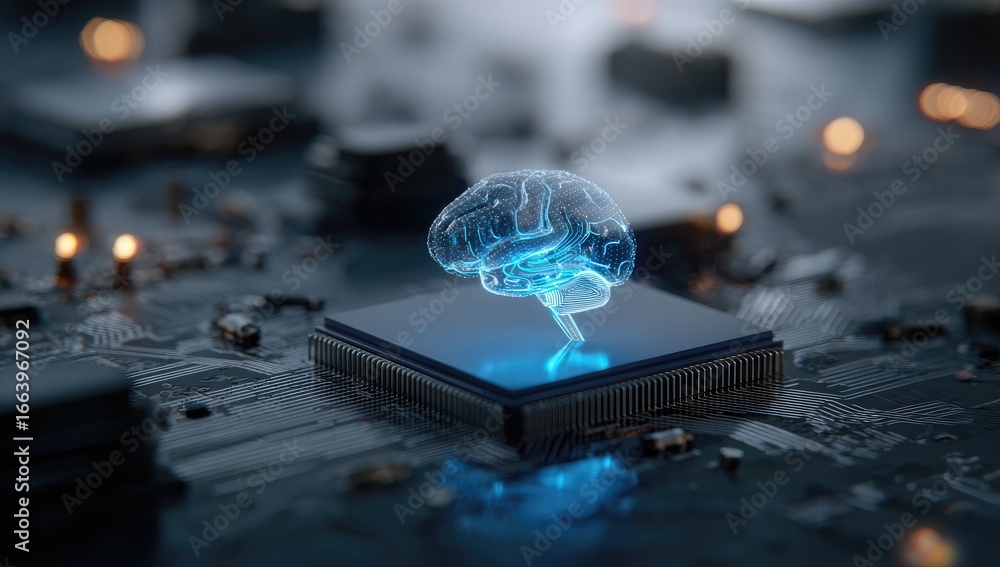 Poster a translucent, glowing brain sits atop a microchip, in the midst of a complex circuit board. abstrac