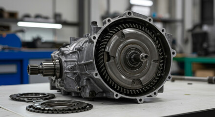 Close up of a silver car transmission with gears and other parts on a white surface in a workshop