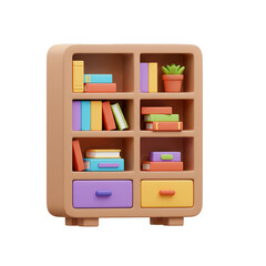 A charming illustration showcases a neatly organized bookshelf with colorful books, a small potted plant, and two drawers, creating a visually appealing and inviting scene.