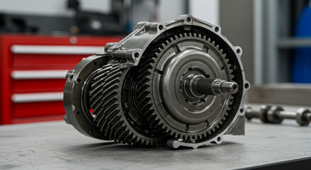 A detailed view of a disassembled transmission with gears visible on a workbench in a workshop area