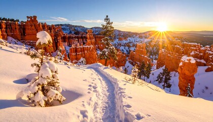 Winter sunrise over snow-covered Bryce Canyon landscape with vibrant rock formations and pine