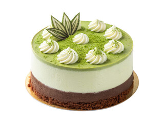 A fluffy matcha green tea layered dessert cake with cream and chocolate crust isolated on a transparent background png
