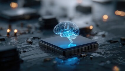 A translucent, glowing brain sits atop a microchip,  in the midst of a complex circuit board.  Abstract, technological, futuristic