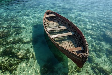 Obraz premium Serene wooden rowboat drifts on crystal clear turquoise water revealing sandy seabed and vibrant marine life