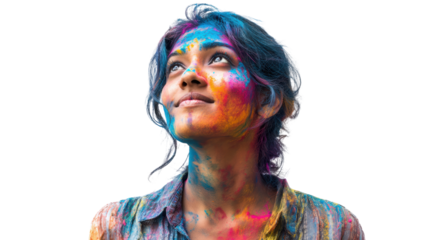 Young woman with vibrant colored powder on face, looking up, isolated on white background.