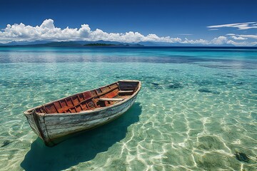 Fototapeta premium Serene wooden rowboat floats gently on crystal clear turquoise tropical ocean waters.