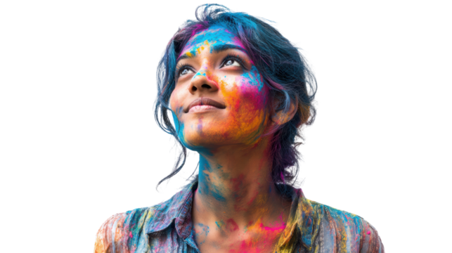 Young woman with vibrant colored powder on face, looking up, isolated on white background.