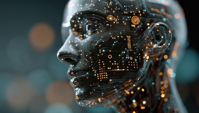 Profile view of a futuristic, AI-powered head, intricate circuit board design