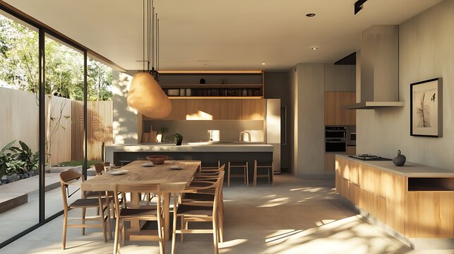 Modern open-plan kitchen and dining area bathed in warm natural light, perfect for serene living