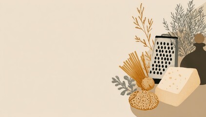 Beige, muted backdrop featuring a cheese grater, cheese, pasta, and crackers, with muted greenery