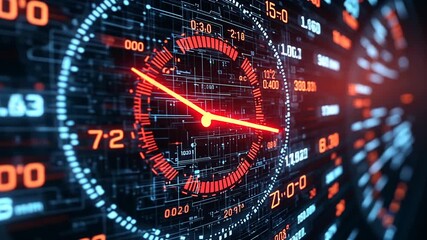 Digital interface with central circular gauge moving red hand glowing lines changing numbers of data points for real time data processing financial analytics global business concept - Powered by Adobe