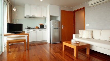 Modern apartment interior with a combined kitchen and living area.