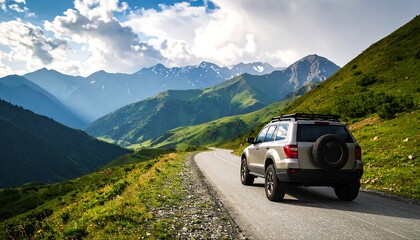 Silver SUV drives on winding mountain road with dramatic clouds and green valleys.