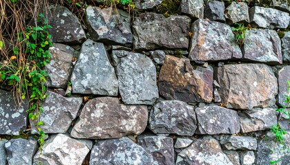 Obraz premium A detailed close-up view of a stone wall, exhibiting various shades of gray and brown, with small plants growing between the stones, showcasing a natural and textured surface.
