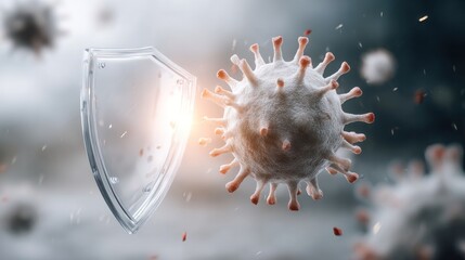 Shielding Against Contagion: An artistic rendering captures a conceptual visualization of immune defense, depicting a protective shield fending off a menacing virus in a captivating.