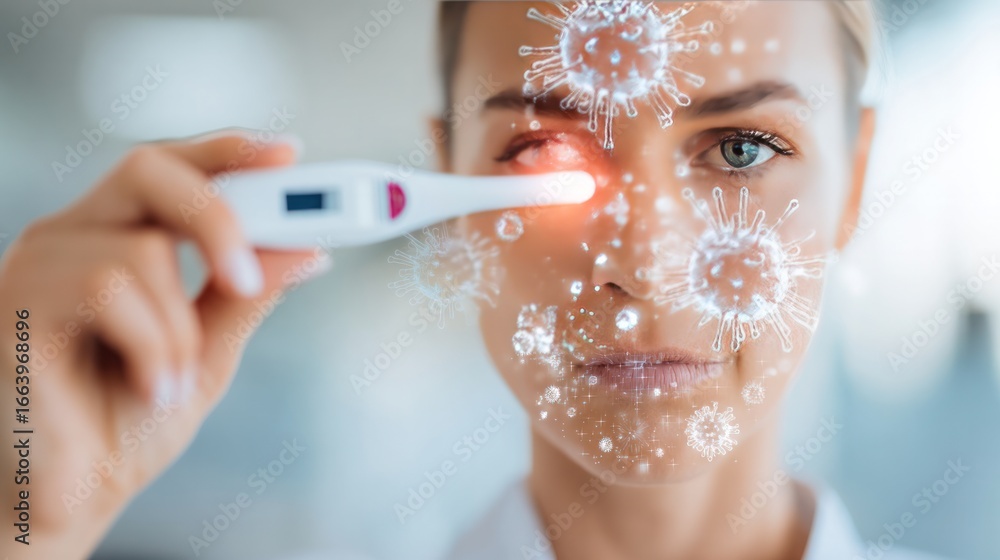Wall mural detecting fever: a determined individual monitors their temperature using a digital thermometer, ove