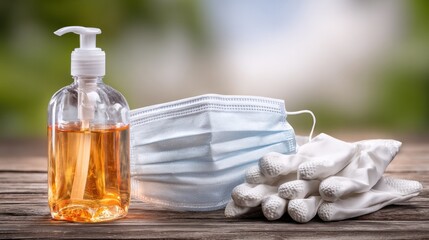 Hygiene Essentials: A close-up shot showcasing essential hygiene items, including a hand sanitizer bottle, a protective face mask, and disposable gloves, all arranged neatly on a wooden surface. 