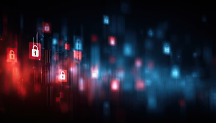 Abstract digital security concept.  Red and blue glowing padlock icons on a dark background, blurred motion effects