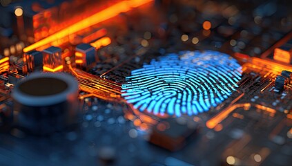 A glowing fingerprint on a complex circuit board, highlighted by orange and blue light