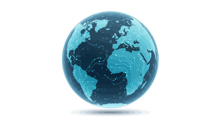 Fototapeta premium A stylized, light-blue and dark-blue globe, showing continents and interconnected lines, isolated on a white background.
