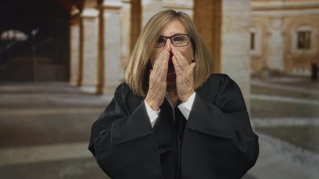 Caucasian woman judge raises hands with palms up in welcoming shrug gesture on street; surprise fairness.
