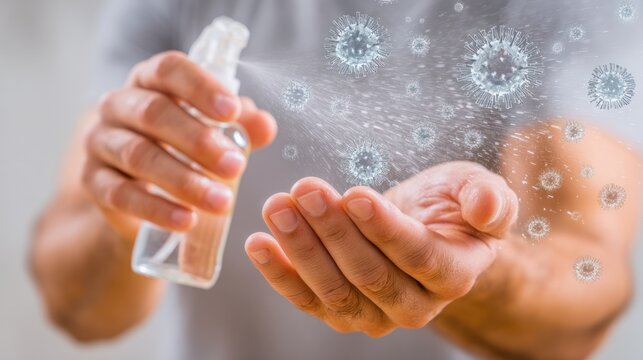 Hand Disinfectant: The focus on the essential act of sanitizing hands with a spray bottle to combat harmful microorganism.