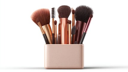 Makeup brushes in a holder, various shapes and sizes, against a white background
