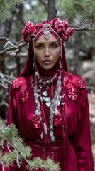 Obraz premium A woman in a red dress with a flower crown on her head