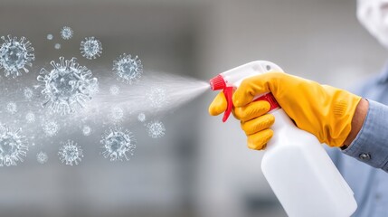 Disinfecting Spray: The act of disinfecting in an illustrative representation, where a sanitizing spray eradicates harmful microorganisms. A focus on hygiene and protecting.