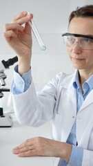 Scientific researcher holding test tube, analyzing blue liquid while wearing protective gear during medical experiment in sterile laboratory setting. Medicine, health care and science concept