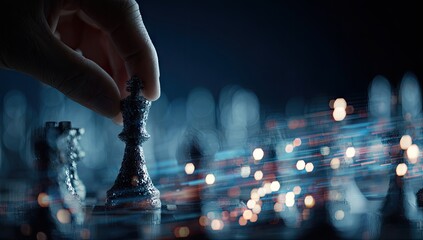 Hand moves chess king, blurred figures, strategic game