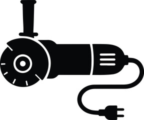 Angle Grinder Icon: Black and White Silhouette, Industrial Tool, Power Equipment, Construction, DIY, Repair, Maintenance,  Workshop,  Simple Graphic Design.