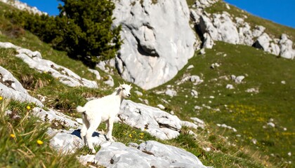 Fototapeta premium White mountain goat kid explores rocky alpine terrain with a stunning view