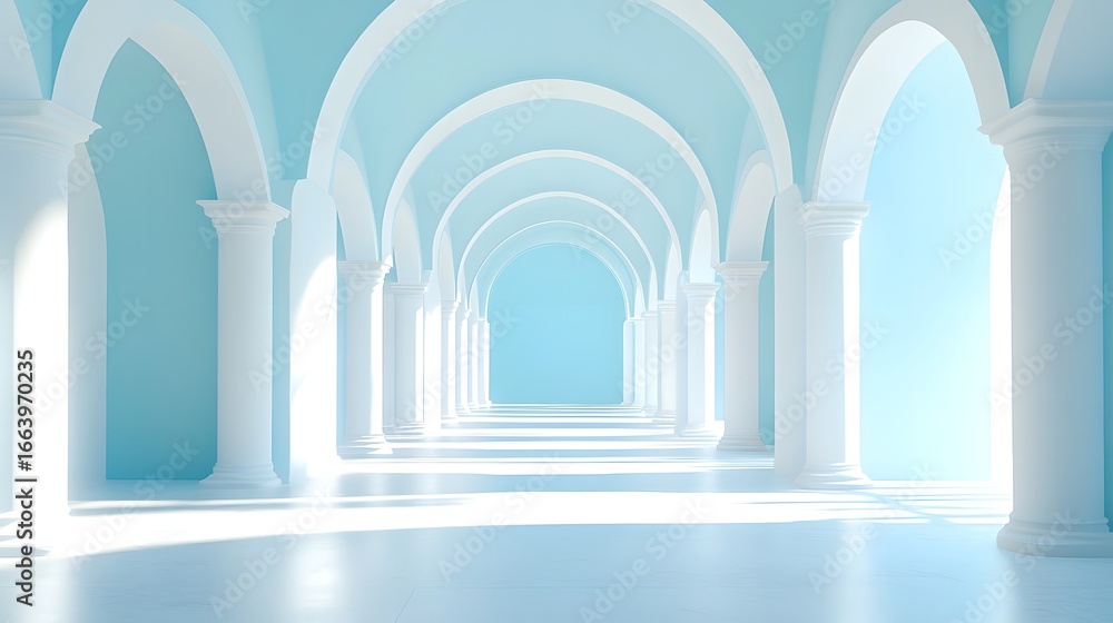 Poster perspective view of a long corridor with white columns and arches in a light blue setting