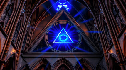 blue eye of the Illuminati in the Gothic chapel, the Illuminati eye in the triangle