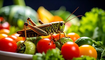 Close-up of a grasshopper perched amidst a colorful assortment of fresh vegetables, showcasing vibrant hues and a contrasting texture.